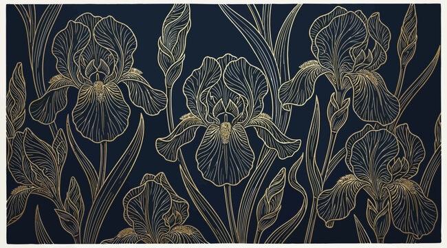 Luxury seamless pattern with gold iris flowers on dark blue background