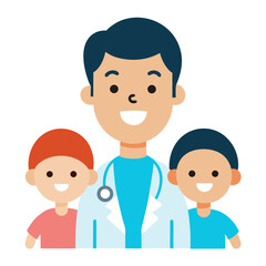 Obraz premium Flat vector illustration of a friendly male doctor standing with two smiling young children as patients