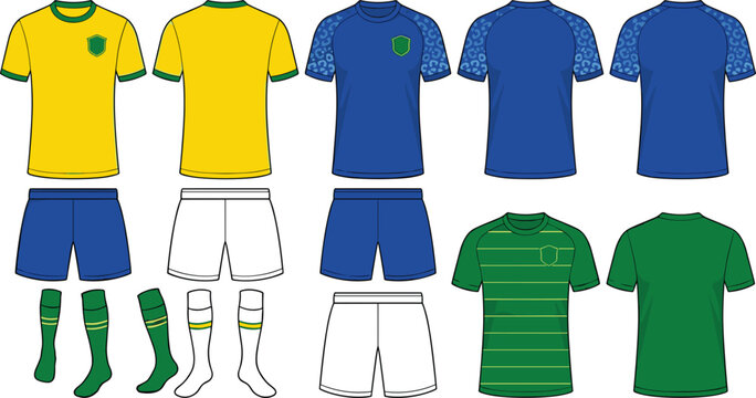 Soccer football jersey mockup vector kit featuring blank shirts shorts and socks templates in yellow blue and green athletic apparel apparel graphics