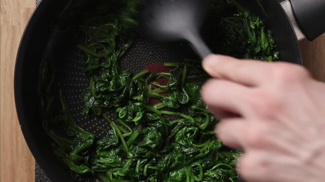 Wilting Fresh Spinach In Pan Top View