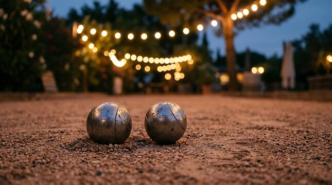 Two metal petanque balls resting on a gravel court at dusk under warm glowing string lights in a peaceful outdoor garden setting at night