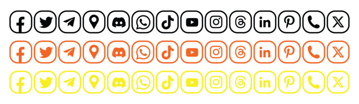 Colorful social media icons in various line style on for branding and marketing