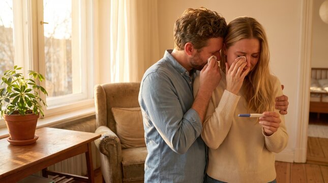 Emotional young couple crying tears of joy or relief while holding a pregnancy test in a warm sunlit living room; intimate family planning and fertility journey concept.