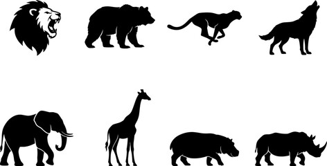 Wild animals silhouettes collection featuring lion bear cheetah wolf elephant giraffe hippopotamus and rhinoceros shapes © Utpal