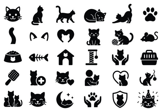 Minimalist Cat Icon Set, Professional Cat Care Silhouette Collection, Flat Vector Cat Icons for Pet Business, Cute Feline Activity and Accessories Icons, 