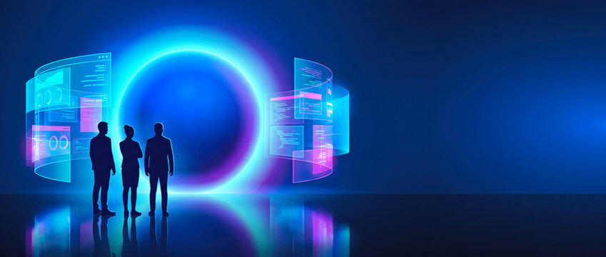 Anonymous silhouettes standing before a glowing cyan ring and data screens. Futuristic AI core and business analytics concept. Copy space for text