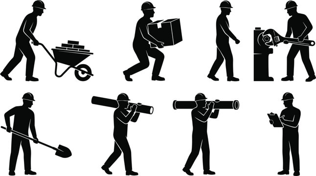 Construction labor silhouette vector set featuring workers carrying pipes heavy boxes digging and pushing a loaded wheelbarrow