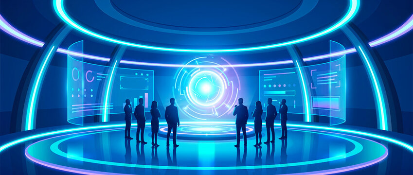 Workforce silhouettes in a futuristic boardroom analyzing data. Business team gathered around a luminous AI core with floating screens