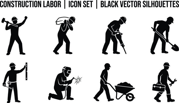 Construction labor icon set featuring black vector silhouettes of builders welding digging carrying and using hand tools