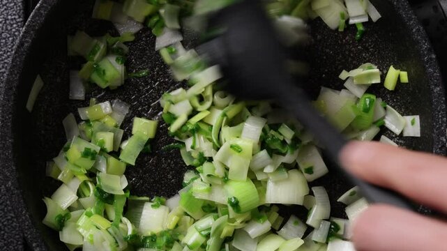 Stirring Chopped Vegetables Close Up Top View