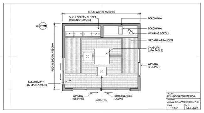 Detailed floor plan of a zen room interior with tatami mat layout and dimensions