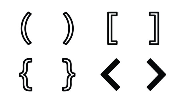 Bracket and brace symbols black line icons on a white background