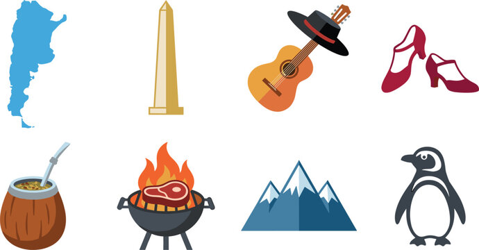 Argentina travel culture vector icon set with map obelisk tango shoes mate tea barbecue mountains and penguin