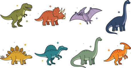 Cute Cartoon Dinosaur Vector Character Set with Tyrannosaurus Rex Triceratops Stegosaurus Pterodactyl and Brachiosaurus Icons for Kids © Maslima