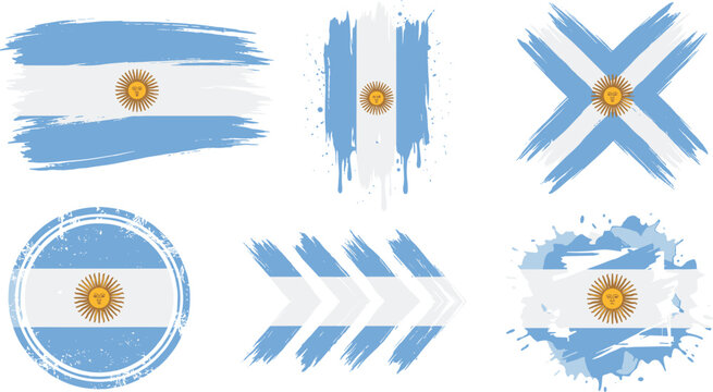 Argentina national flag brush stroke vector collection featuring distressed ink splatter and grunge textured flag elements in horizontal vertical cross circle chevron and splash shapes.