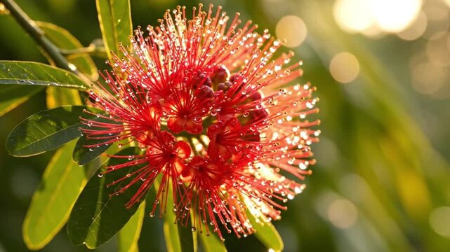 Closeup of a red bottlebrush flower with water droplets on its stamens