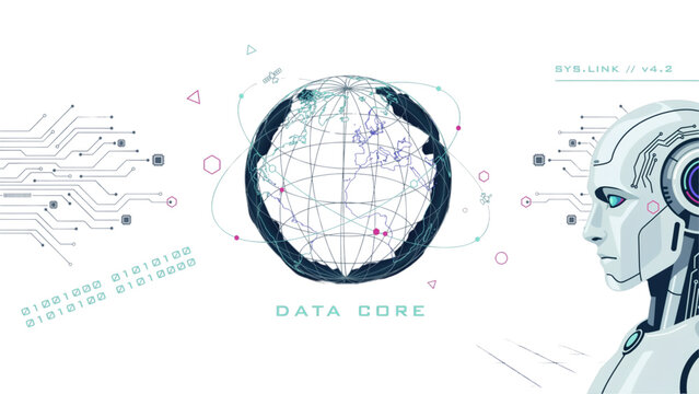 Pixel art robot head and data sphere with digital connection lines and futuristic tech elements for gaming and web design Vector