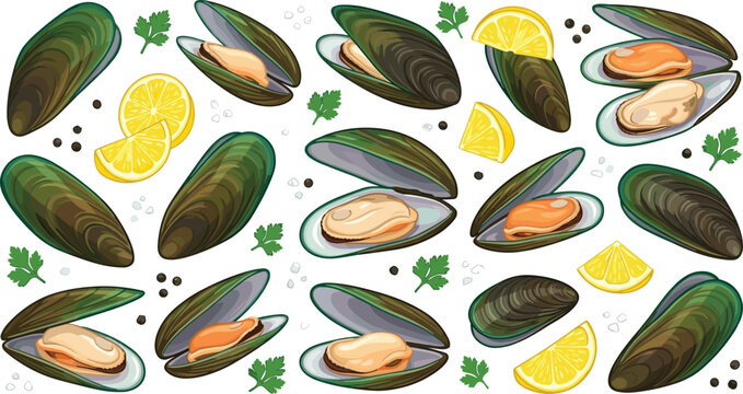 Fresh Green Mussels Seafood Vector Element Set with Lemon Slices Parsley and Black Pepper Corns for Menu Designs