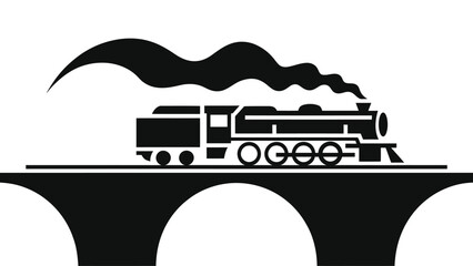 Minimalist Vintage Steam Train Crossing Old Stone Bridge Vector Illustration, Retro Locomotive with Smoke Silhouette, Black and White Graphic Icon © Tanver