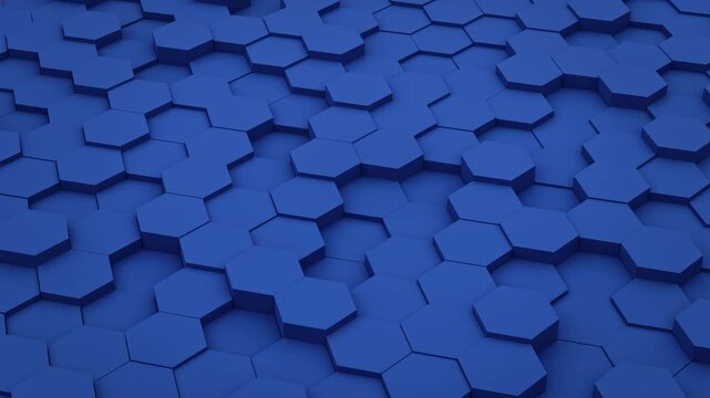 Blue abstract hexagonal grid background. 3D loop animation of moving hexagons. Geometric tech pattern.