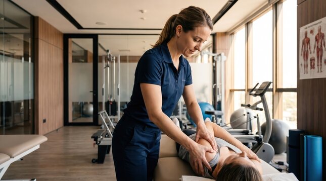 Professional female physiotherapist in navy blue uniform treating a female patient's shoulder in a bright modern rehabilitation clinic with exercise equipment, ideal for healthcare marketing.