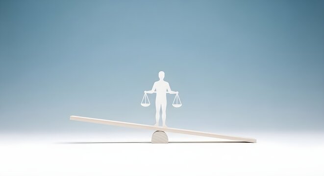 A minimalist human figure holding scales stands on a perfectly balanced seesaw, symbolizing justice and equilibrium.
