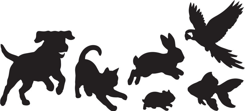 Black animal silhouettes, pet icons, dog, cat, rabbit, bird, fish, guinea pig, vector graphics