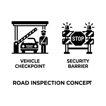 Vehicle checkpoint and security road barrier icon set with checkpoint, security