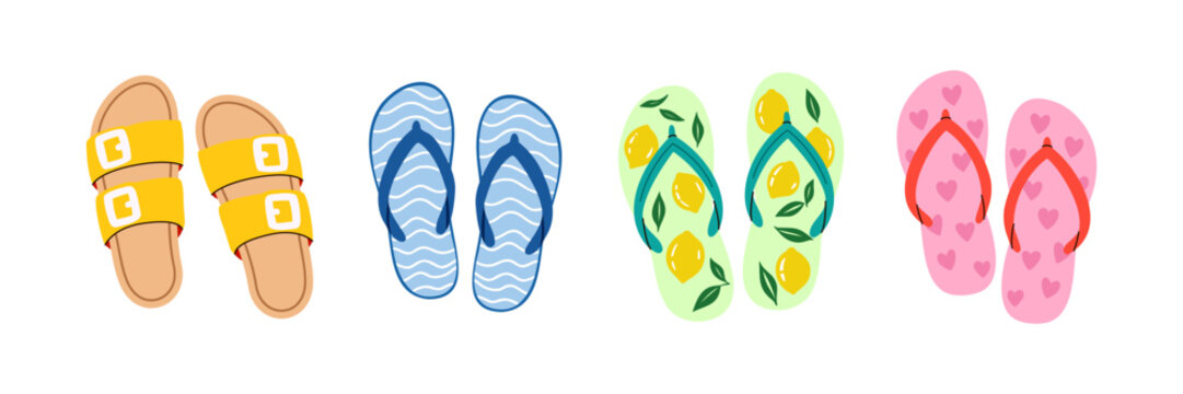 Flip flops beach sandals summer footwear set. Colorful thong slippers decorated with wave lemon heart patterns. Tropical vacation resort pool shoes accessory collection vector