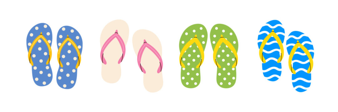 Flip flops beach sandals summer footwear set. Colorful thong slippers decorated with polka dot and wave pattern. Tropical vacation resort pool shoes accessory collection vector