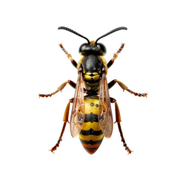 Close up of a yellowjacket wasp against a white background reveals intricate details