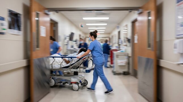 Action-packed medical emergency in a busy hospital hallway with healthcare workers in blue scrubs pushing a patient on a gurney under bright fluorescent lighting with dynamic motion blur.