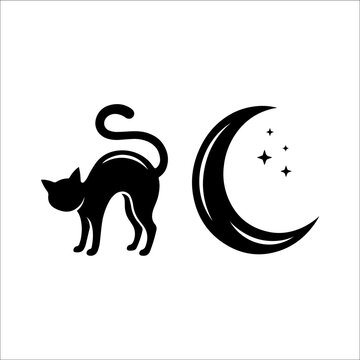 Black cat arched back silhouette and crescent moon icon set with crescent