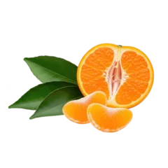Freshly sliced mandarin orange with green leaves isolated on transparent background © Nice PNG