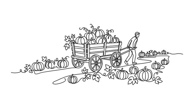 Man Pushing Wagon Full of Pumpkins in Autumn Harvest Field