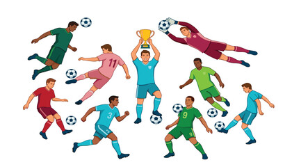 Fototapeta premium Professional soccer football players in action match poses flat cartoon character vector illustration set. Champion trophy, goalkeeper diving, header jump, passing ball, dribbling and sports athletes.