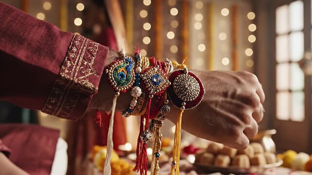 Close up of several rakhi threads on wrist.