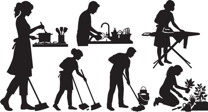 Household chores, domestic tasks, cleaning icons, silhouette set, 7 vector graphics
