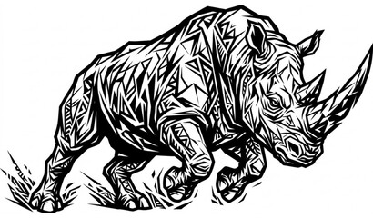 Black tribal rhino vector illustration with powerful geometric charging rhinoceros silhouette design © Rajib