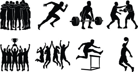Sports and athletics silhouette set featuring team huddle running weightlifting basketball hurdling and championship celebration © MDGOLAM