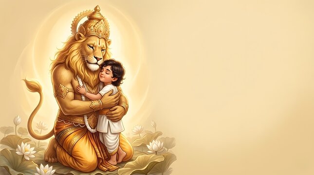 Narasimha hugging child devotee Prahlada