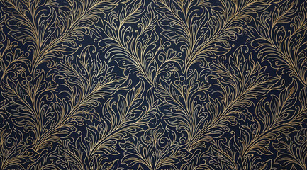 Seamless pattern with elegant golden floral ornament on dark blue background © S.Siam