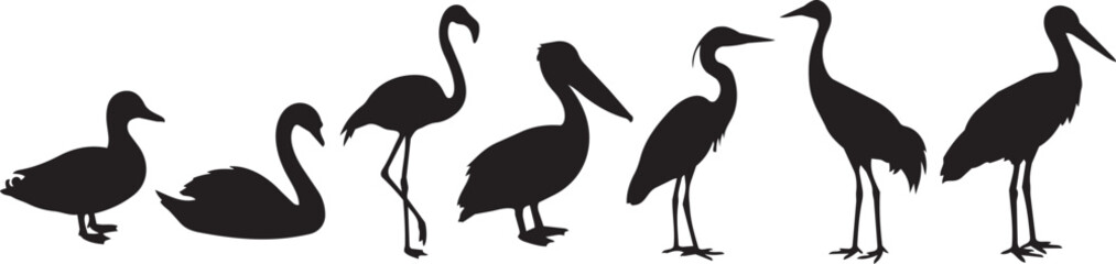 Fototapeta premium Black bird silhouettes, crane and swan icons, vector graphics, wildlife illustrations, animal designs