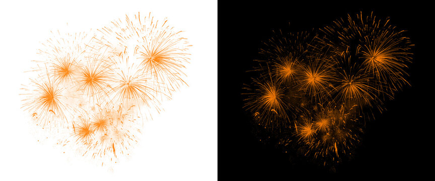 Orange fireworks burst on black and white background, vibrant pyrotechnic explosion set, festive firework display for celebration and holiday design