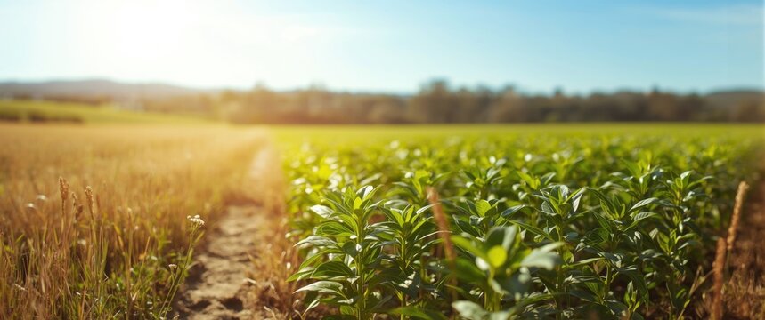 Green tea plants growing in a sunny agricultural field