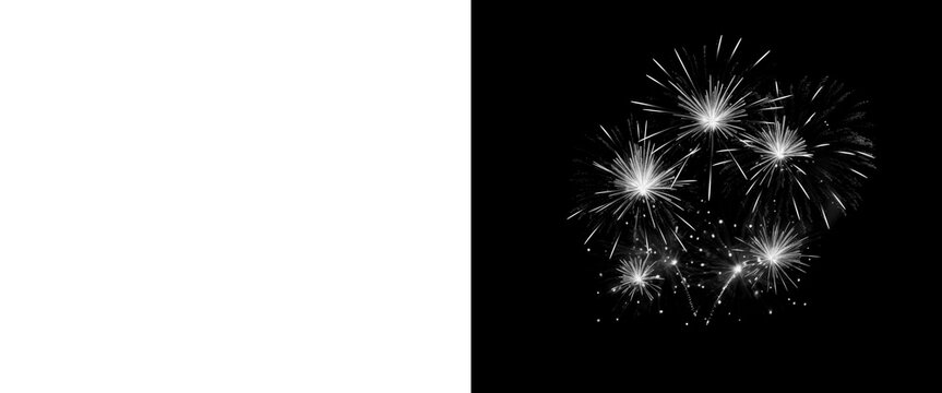 Orange fireworks burst on black and white background, vibrant pyrotechnic explosion set, festive firework display for celebration and holiday design