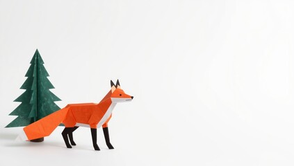 Fototapeta premium Origami fox standing beside a paper Christmas tree