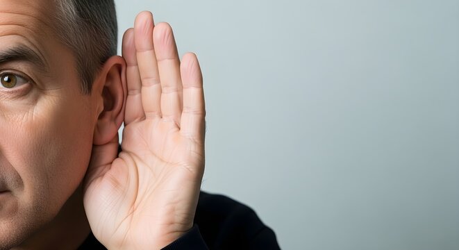Man cupping ear to listen intently. Close-up of male hand behind ear to hear better. Concept of active listening and communication.