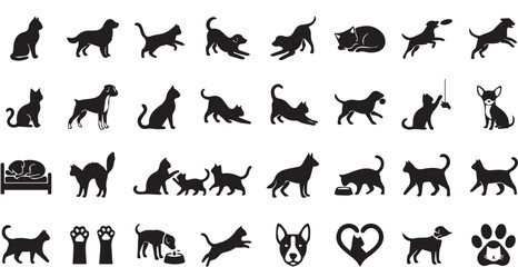 Obraz premium Cats and dogs silhouettes set with pet care icons and animal shapes