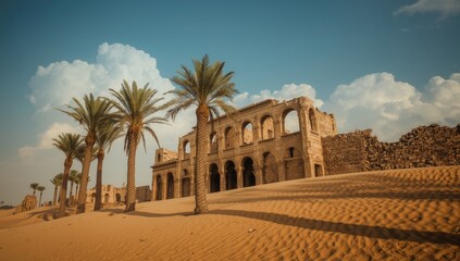 Fototapeta premium Desert scene showcasing palm trees alongside old castle ruins beneath a sunny sky